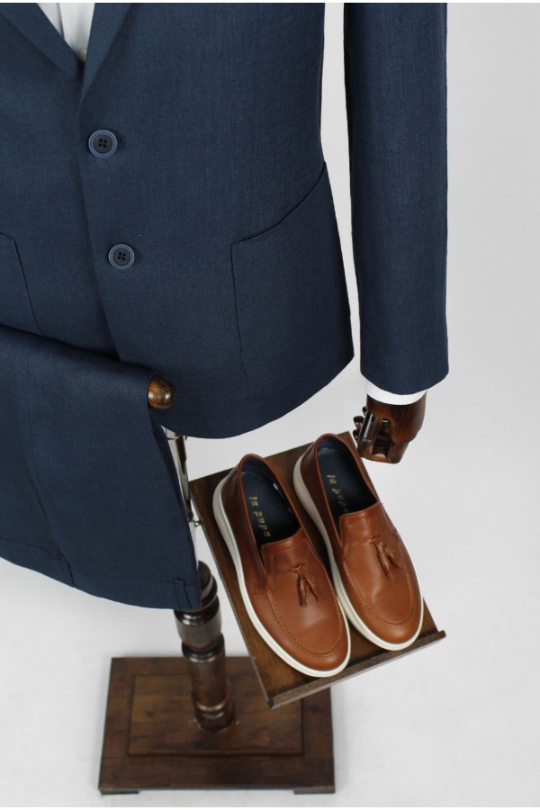 Man's blue linen suit