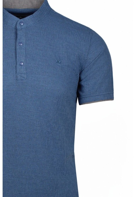 Man's blue t-shirt with stand up collar