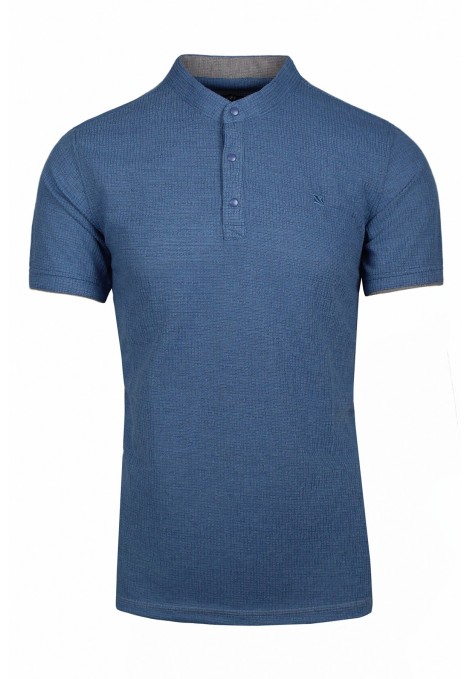 Man's blue t-shirt with stand up collar