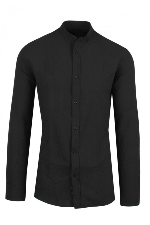 Man's black  linen shirt mao