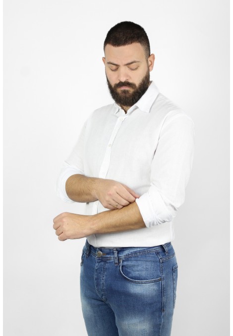  Ανδρικό λευκό  λινό πουκάμισο slim fit