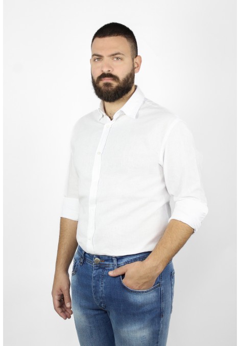  Ανδρικό λευκό  λινό πουκάμισο slim fit