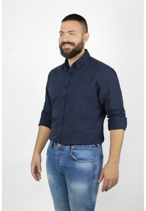 Ανδρικό σκούρο μπλε λινό πουκάμισο slim fit