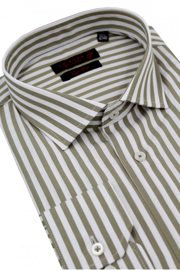 Man's olive green shirt striped slim fit