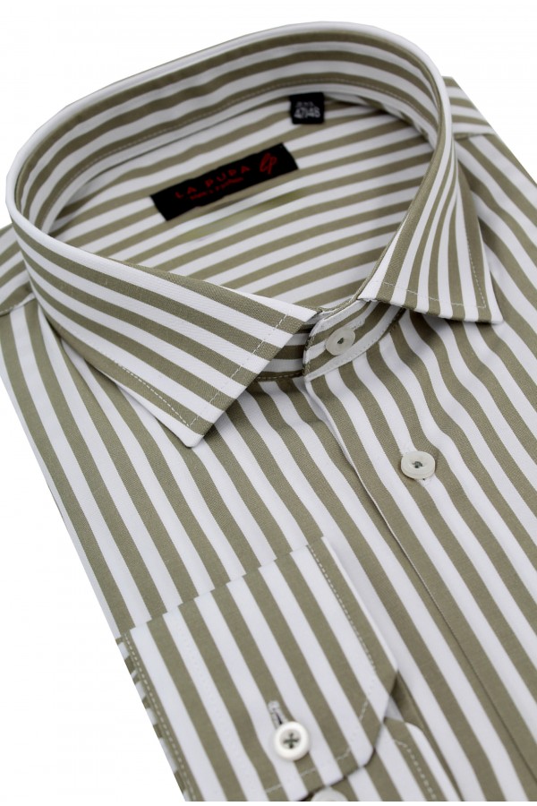 Man's olive green shirt striped