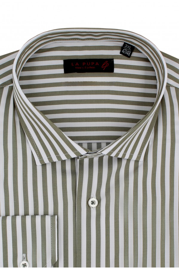 Man's olive green shirt striped